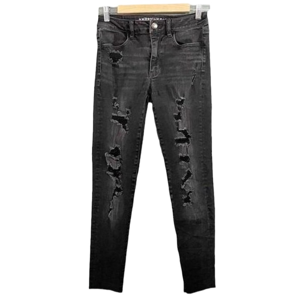 American Eagle Super Stretch Hi-Rise Distressed Black Skinny Jean Women’s Size 2